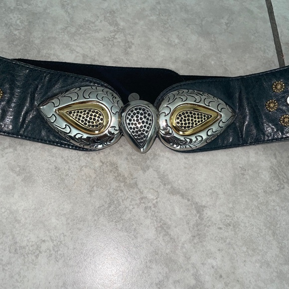 MIKKI G VINTAGE RARE Black Leather Custom-Cast Pewter Gold Swarovski Belt - Picture 2 of 11